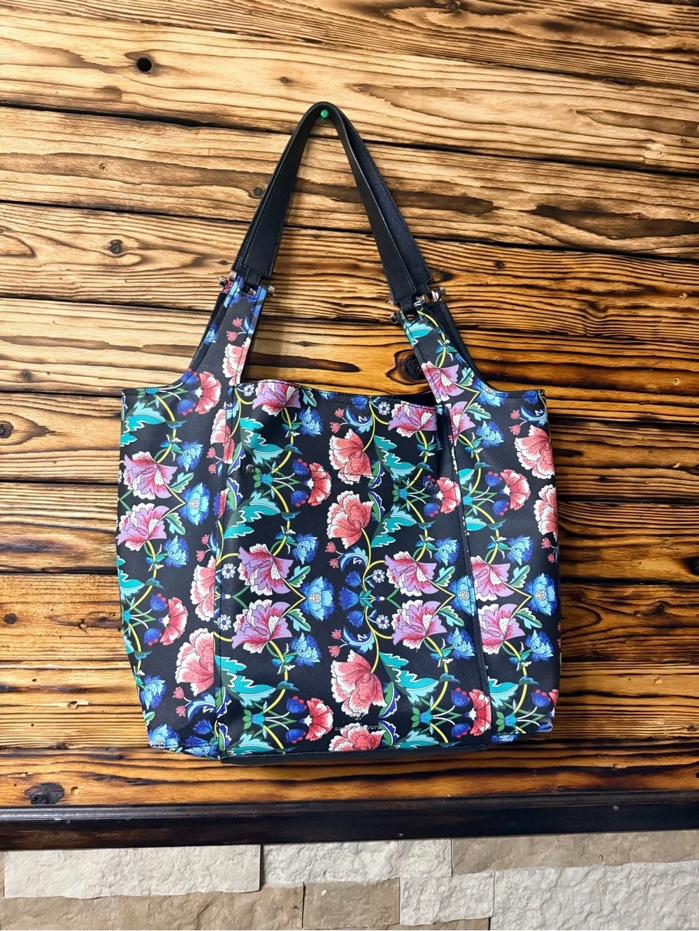 Floral Pattern Black Tote Bag with Blue Accents